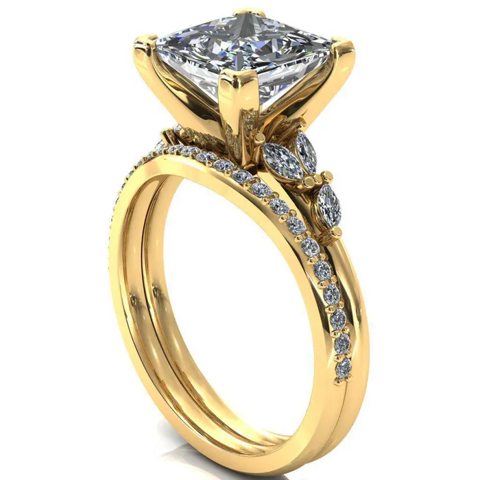 Fire Brilliance Sigrid Princess Square Moissanite 4 Prong Marquise Diamond Side Ring Rings