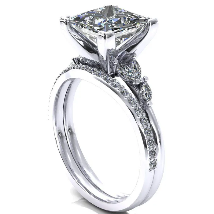 Fire Brilliance Sigrid Princess Square Moissanite 4 Prong Marquise Diamond Side Ring Rings