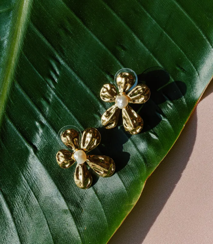 Golden Gumamela Pearl Earrings Arete Earrings