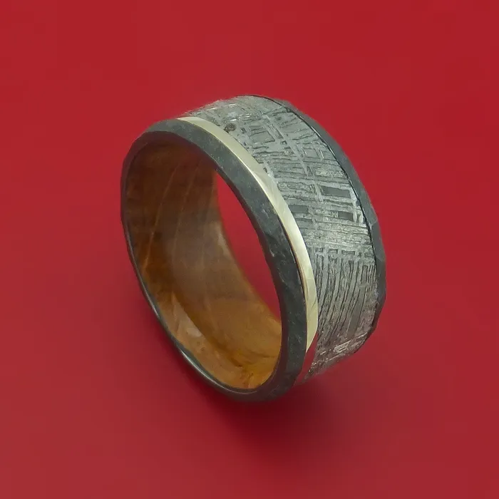 Hammered Black Zirconium Ring with Gibeon Meteorite and Platinum Inlays and Interior Hardwood Sleeve Custom Made Band Lashbrook Rings
