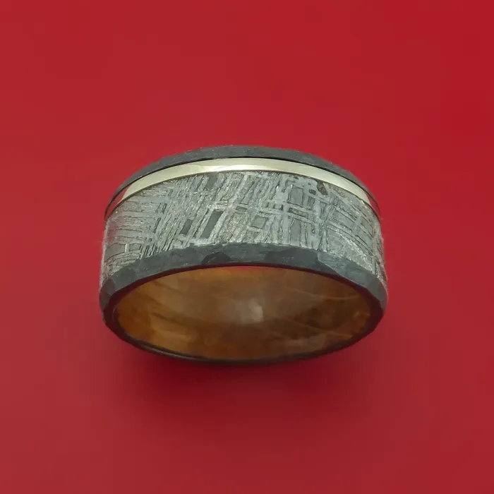 Hammered Black Zirconium Ring with Gibeon Meteorite and Platinum Inlays and Interior Hardwood Sleeve Custom Made Band Lashbrook Rings Hammered Black Zirconium Ring with Gibeon Meteorite and Platinum Inlays and Interior Hardwood Sleeve Custom Made Band Lashbrook Rings