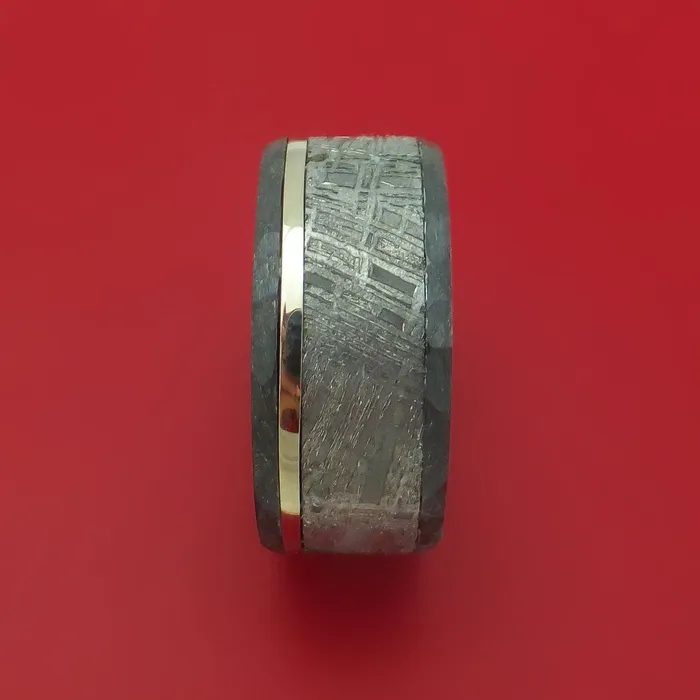 Hammered Black Zirconium Ring with Gibeon Meteorite and Platinum Inlays and Interior Hardwood Sleeve Custom Made Band Lashbrook Rings Hammered Black Zirconium Ring with Gibeon Meteorite and Platinum Inlays and Interior Hardwood Sleeve Custom Made Band Lashbrook Rings