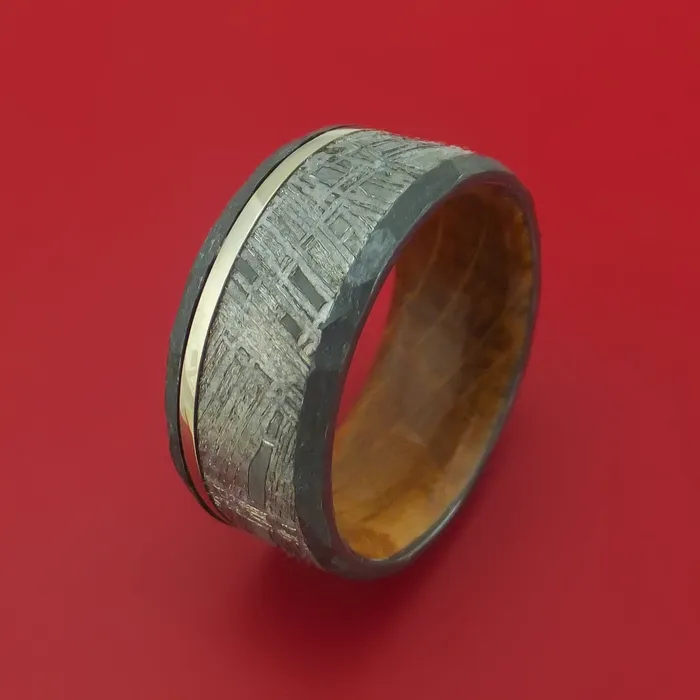 Hammered Black Zirconium Ring with Gibeon Meteorite and Platinum Inlays and Interior Hardwood Sleeve Custom Made Band Lashbrook Rings Hammered Black Zirconium Ring with Gibeon Meteorite and Platinum Inlays and Interior Hardwood Sleeve Custom Made Band Lashbrook Rings