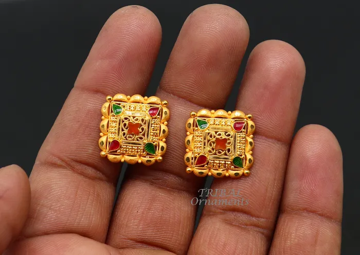 Indian traditional design handmade fabulous flower design 22k 22 carat yellow gold hand carved stud earring for womens jewelry ER166 TRIBAL ORNAMENTS Earrings