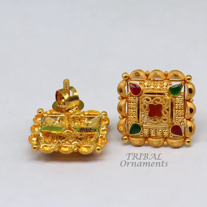Indian traditional design handmade fabulous flower design 22k 22 carat yellow gold hand carved stud earring for womens jewelry ER166 TRIBAL ORNAMENTS Earrings