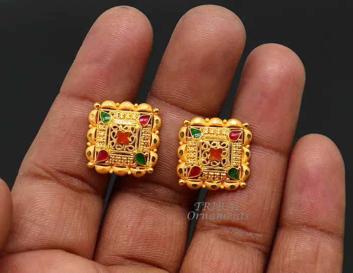 Indian traditional design handmade fabulous flower design 22k 22 carat yellow gold hand carved stud earring for womens jewelry ER166 TRIBAL ORNAMENTS Earrings