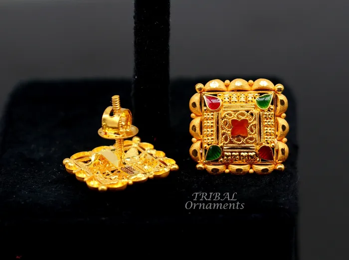 Indian traditional design handmade fabulous flower design 22k 22 carat yellow gold hand carved stud earring for womens jewelry ER166 TRIBAL ORNAMENTS Earrings