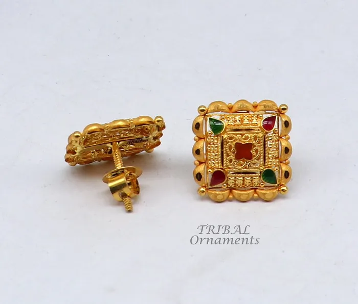 Indian traditional design handmade fabulous flower design 22k 22 carat yellow gold hand carved stud earring for womens jewelry ER166 TRIBAL ORNAMENTS Earrings