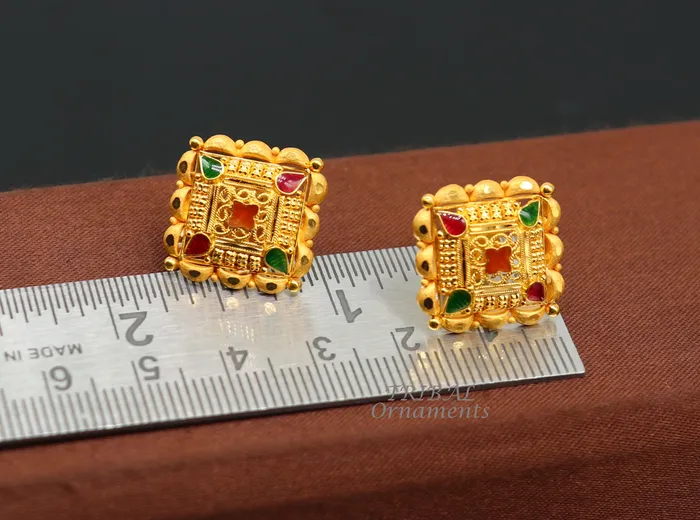 Indian traditional design handmade fabulous flower design 22k 22 carat yellow gold hand carved stud earring for womens jewelry ER166 TRIBAL ORNAMENTS Earrings