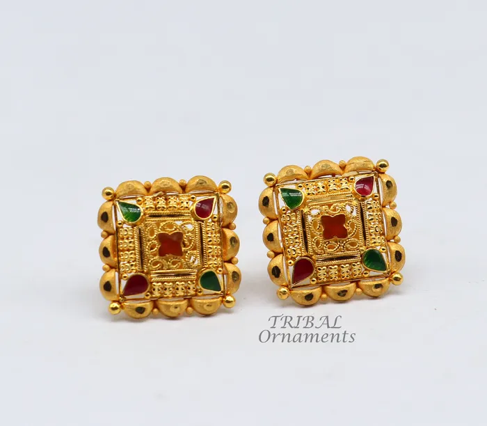 Indian traditional design handmade fabulous flower design 22k 22 carat yellow gold hand carved stud earring for womens jewelry ER166 TRIBAL ORNAMENTS Earrings