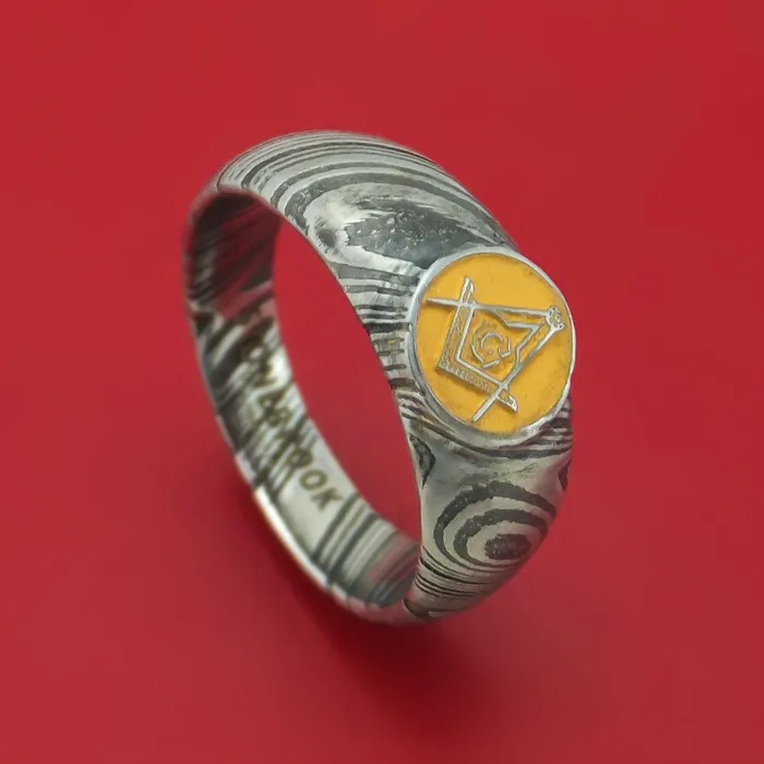 Kuro Damascus Steel Masonic Emblem Signet Ring with Cerakote Custom Made Band Lashbrook Rings