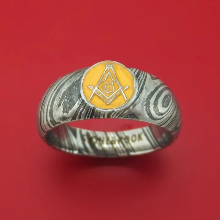 Kuro Damascus Steel Masonic Emblem Signet Ring with Cerakote Custom Made Band Lashbrook Rings