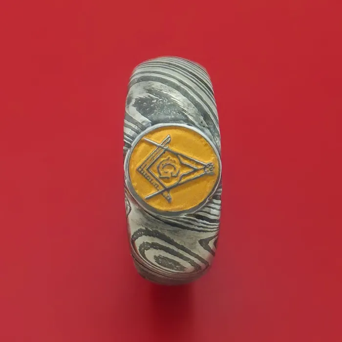 Kuro Damascus Steel Masonic Emblem Signet Ring with Cerakote Custom Made Band Lashbrook Rings