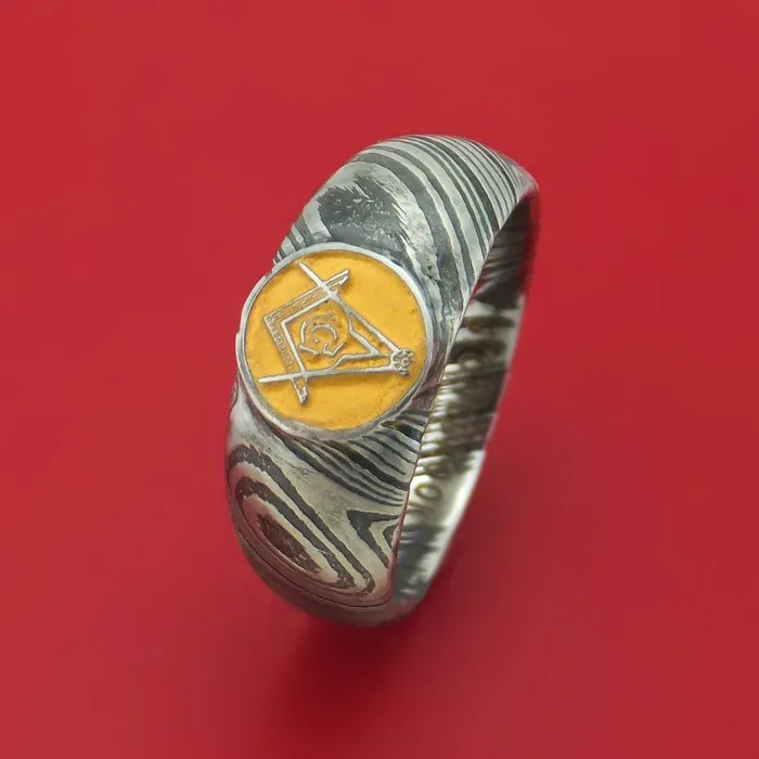 Kuro Damascus Steel Masonic Emblem Signet Ring with Cerakote Custom Made Band Lashbrook Rings