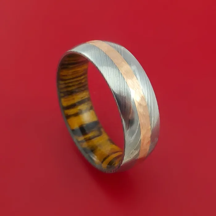 Lashbrook Damascus Steel Ring with 14k Rose Gold Inlay and Interior Hardwood Sleeve Custom Made Band Rings
