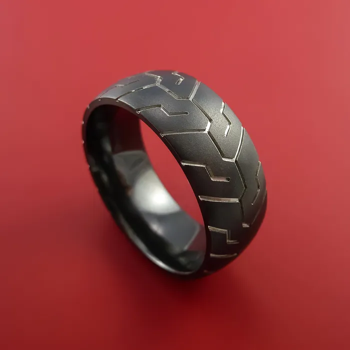 Lashbrook Rings Black Zirconium Ring with Motorcycle Tire Tread Pattern Inlay Custom Made Band