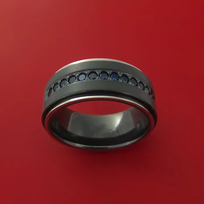 Lashbrook Rings Black Zirconium Ring with Sapphires and 14k White Gold Edges Custom Made Band Lashbrook Rings Black Zirconium Ring with Sapphires and 14k White Gold Edges Custom Made Band