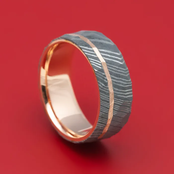 Lashbrook Rings Damascus Steel 14K Gold Sleeve and Inlay Ring with Rock Hammer Finish