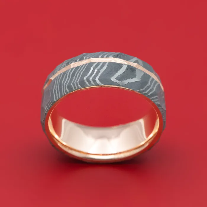 Lashbrook Rings Damascus Steel 14K Gold Sleeve and Inlay Ring with Rock Hammer Finish Lashbrook Rings Damascus Steel 14K Gold Sleeve and Inlay Ring with Rock Hammer Finish