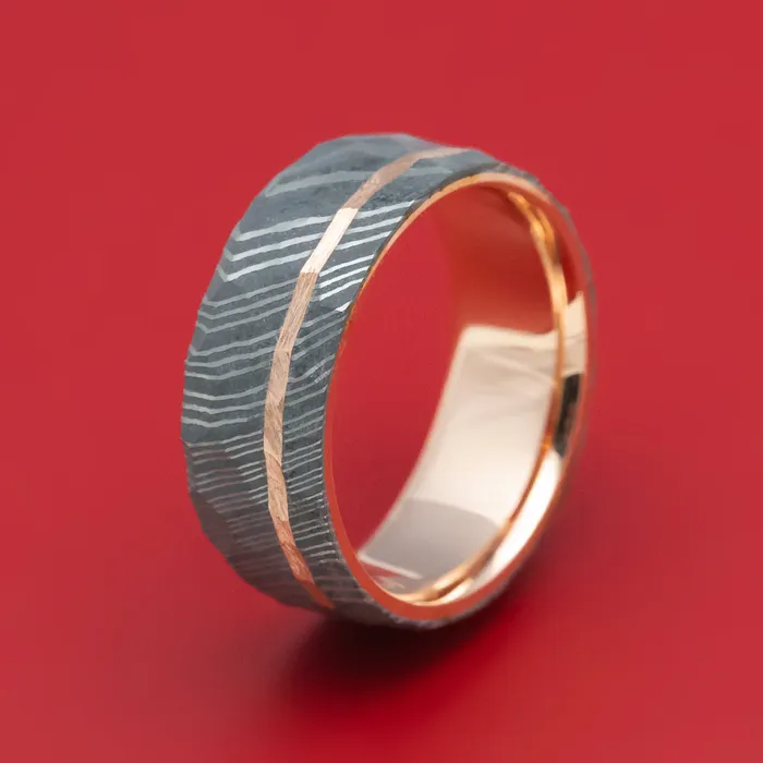 Lashbrook Rings Damascus Steel 14K Gold Sleeve and Inlay Ring with Rock Hammer Finish Lashbrook Rings Damascus Steel 14K Gold Sleeve and Inlay Ring with Rock Hammer Finish