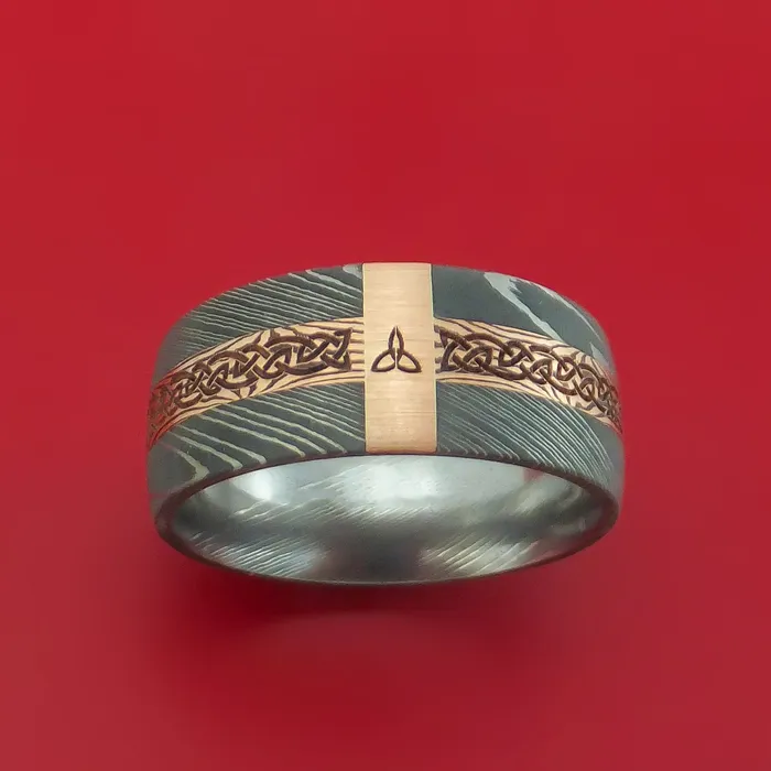 Lashbrook Rings Damascus Steel Celtic Ring with 14K Rose Gold and Mokume Shakudo Custom Made Lashbrook Rings Damascus Steel Celtic Ring with 14K Rose Gold and Mokume Shakudo Custom Made