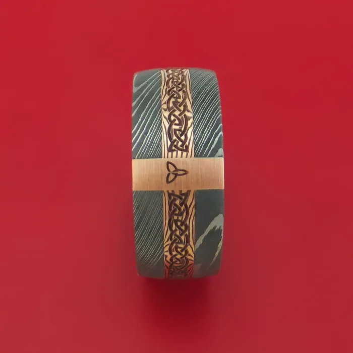 Lashbrook Rings Damascus Steel Celtic Ring with 14K Rose Gold and Mokume Shakudo Custom Made Lashbrook Rings Damascus Steel Celtic Ring with 14K Rose Gold and Mokume Shakudo Custom Made