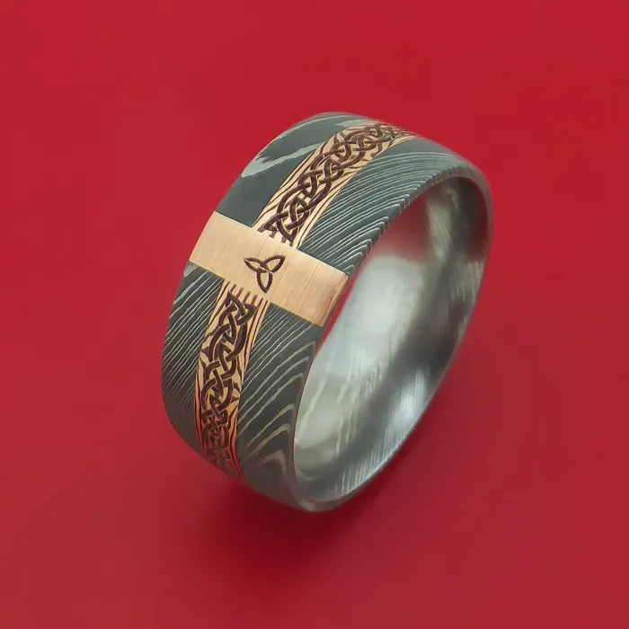 Lashbrook Rings Damascus Steel Celtic Ring with 14K Rose Gold and Mokume Shakudo Custom Made Lashbrook Rings Damascus Steel Celtic Ring with 14K Rose Gold and Mokume Shakudo Custom Made