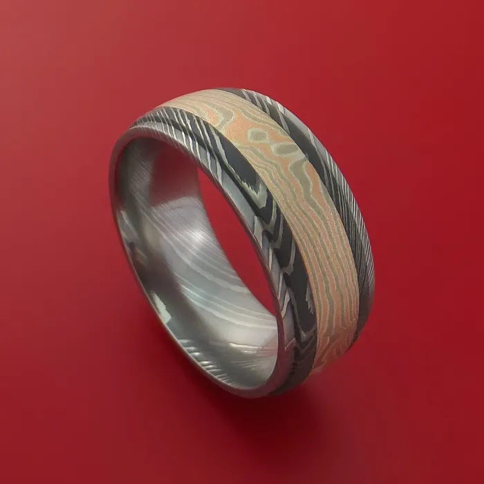 Lashbrook Rings Damascus Steel Ring with 14k Rose Gold and White Gold with Silver Mokume Gane Inlay Custom Made Band