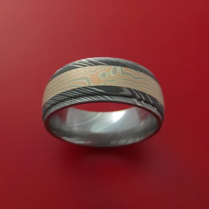 Lashbrook Rings Damascus Steel Ring with 14k Rose Gold and White Gold with Silver Mokume Gane Inlay Custom Made Band Lashbrook Rings Damascus Steel Ring with 14k Rose Gold and White Gold with Silver Mokume Gane Inlay Custom Made Band