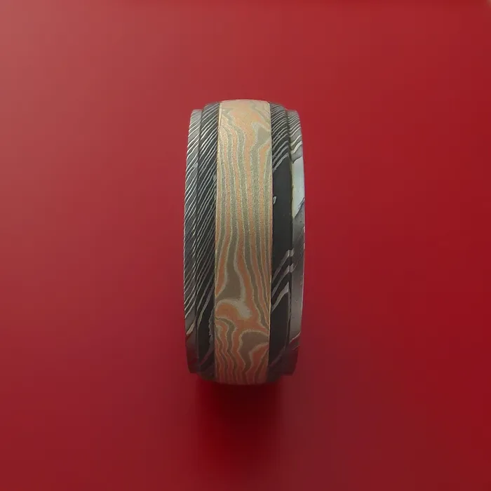 Lashbrook Rings Damascus Steel Ring with 14k Rose Gold and White Gold with Silver Mokume Gane Inlay Custom Made Band Lashbrook Rings Damascus Steel Ring with 14k Rose Gold and White Gold with Silver Mokume Gane Inlay Custom Made Band