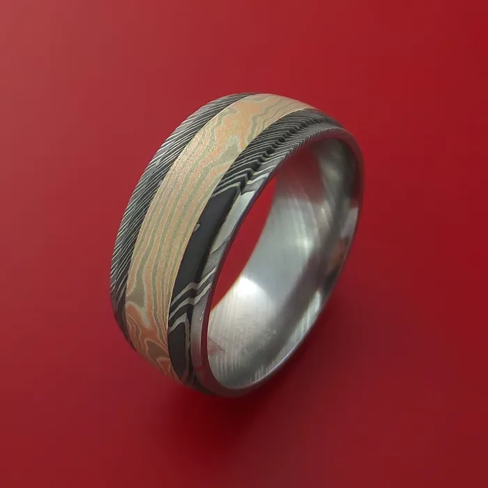 Lashbrook Rings Damascus Steel Ring with 14k Rose Gold and White Gold with Silver Mokume Gane Inlay Custom Made Band Lashbrook Rings Damascus Steel Ring with 14k Rose Gold and White Gold with Silver Mokume Gane Inlay Custom Made Band