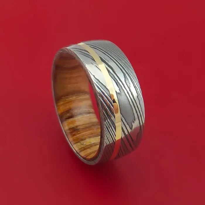 Lashbrook Rings Damascus Steel Ring with 14k Yellow Gold Inlay and Interior Hardwood Sleeve Custom Made Band