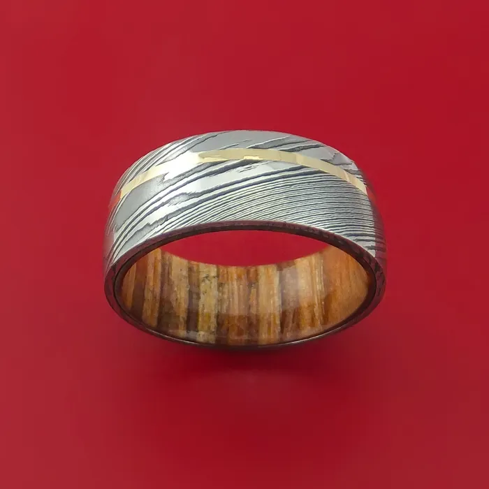 Lashbrook Rings Damascus Steel Ring with 14k Yellow Gold Inlay and Interior Hardwood Sleeve Custom Made Band Lashbrook Rings Damascus Steel Ring with 14k Yellow Gold Inlay and Interior Hardwood Sleeve Custom Made Band