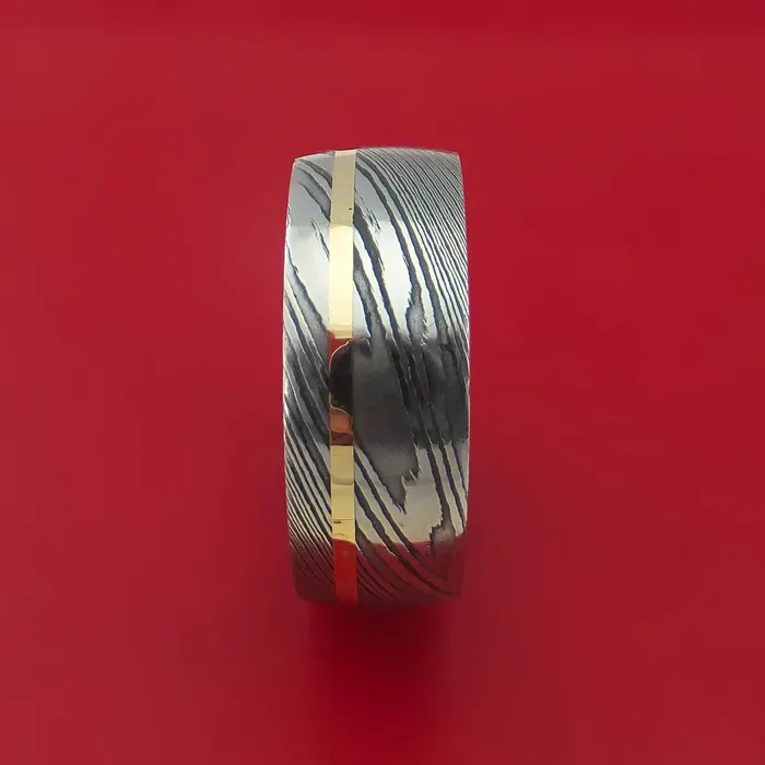 Lashbrook Rings Damascus Steel Ring with 14k Yellow Gold Inlay and Interior Hardwood Sleeve Custom Made Band Lashbrook Rings Damascus Steel Ring with 14k Yellow Gold Inlay and Interior Hardwood Sleeve Custom Made Band