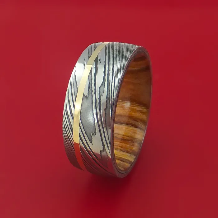 Lashbrook Rings Damascus Steel Ring with 14k Yellow Gold Inlay and Interior Hardwood Sleeve Custom Made Band Lashbrook Rings Damascus Steel Ring with 14k Yellow Gold Inlay and Interior Hardwood Sleeve Custom Made Band