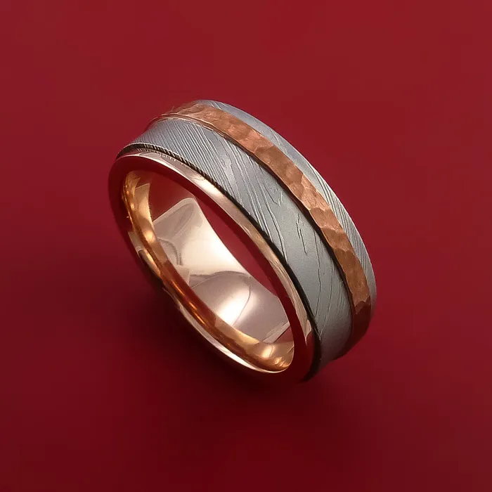Lashbrook Rings Damascus Steel Ring with Copper Inlay and Interior 14k Rose Gold Sleeve Custom Made Band