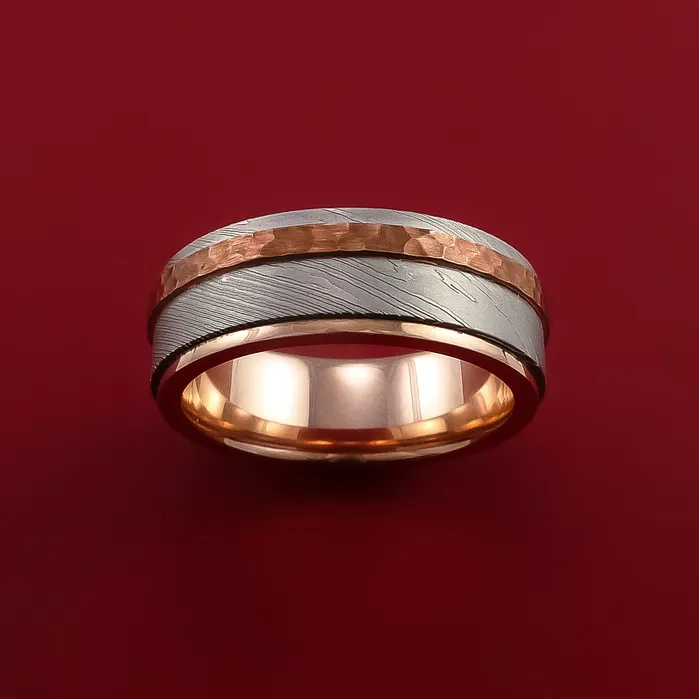 Lashbrook Rings Damascus Steel Ring with Copper Inlay and Interior 14k Rose Gold Sleeve Custom Made Band Lashbrook Rings Damascus Steel Ring with Copper Inlay and Interior 14k Rose Gold Sleeve Custom Made Band