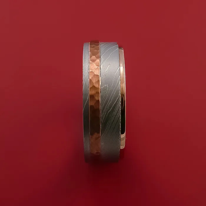 Lashbrook Rings Damascus Steel Ring with Copper Inlay and Interior 14k Rose Gold Sleeve Custom Made Band Lashbrook Rings Damascus Steel Ring with Copper Inlay and Interior 14k Rose Gold Sleeve Custom Made Band