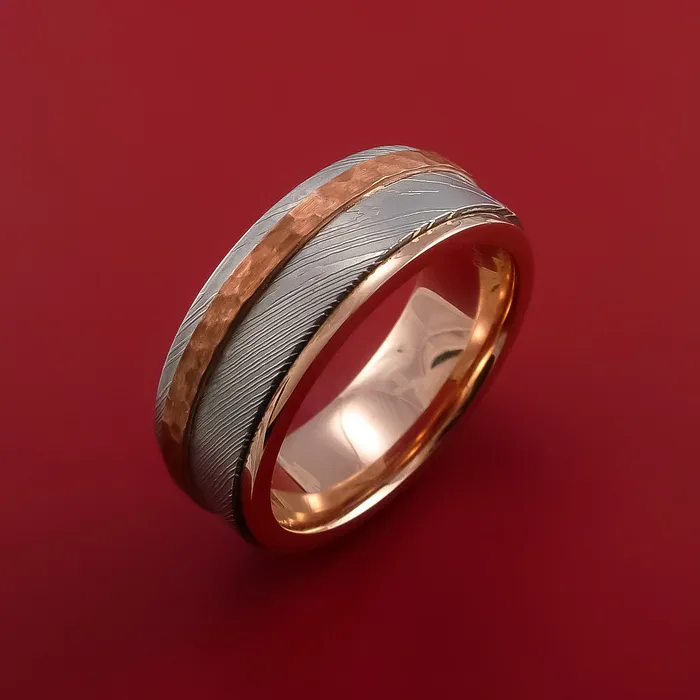 Lashbrook Rings Damascus Steel Ring with Copper Inlay and Interior 14k Rose Gold Sleeve Custom Made Band Lashbrook Rings Damascus Steel Ring with Copper Inlay and Interior 14k Rose Gold Sleeve Custom Made Band