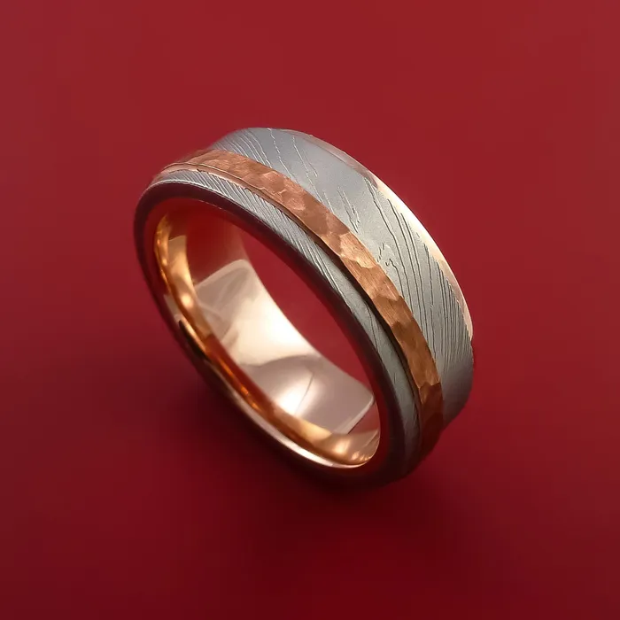 Lashbrook Rings Damascus Steel Ring with Copper Inlay and Interior 14k Rose Gold Sleeve Custom Made Band Lashbrook Rings Damascus Steel Ring with Copper Inlay and Interior 14k Rose Gold Sleeve Custom Made Band