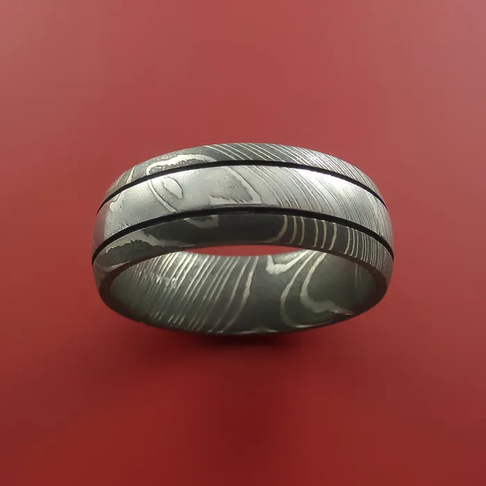 Lashbrook Rings Damascus Steel Ring with Groove Inlay Custom Made Band Lashbrook Rings Damascus Steel Ring with Groove Inlay Custom Made Band