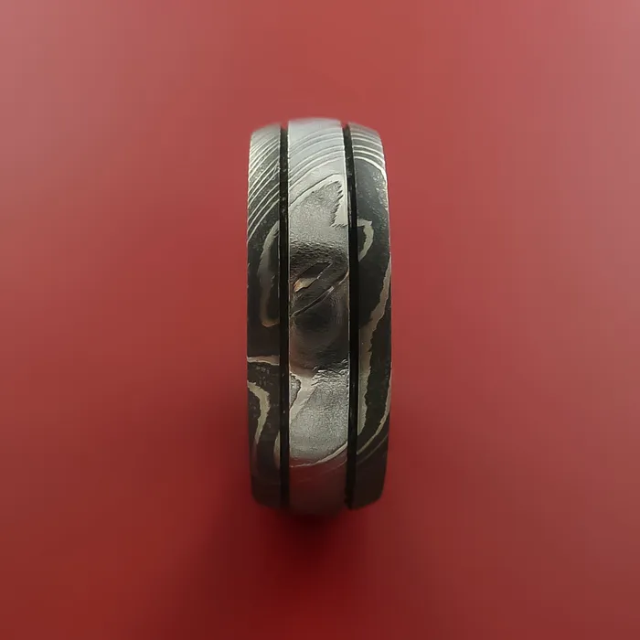Lashbrook Rings Damascus Steel Ring with Groove Inlay Custom Made Band Lashbrook Rings Damascus Steel Ring with Groove Inlay Custom Made Band