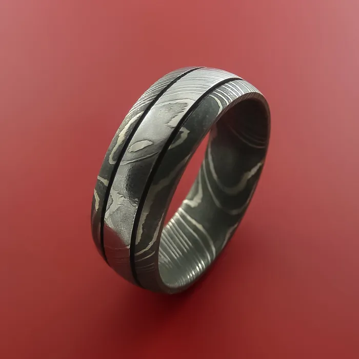 Lashbrook Rings Damascus Steel Ring with Groove Inlay Custom Made Band Lashbrook Rings Damascus Steel Ring with Groove Inlay Custom Made Band