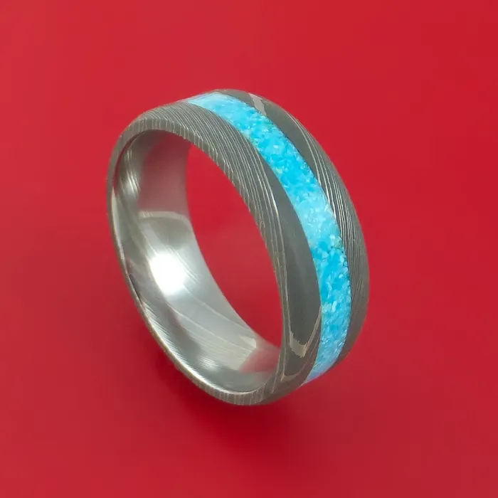 Lashbrook Rings Damascus Steel Ring with Turquoise Inlay Custom Made Band