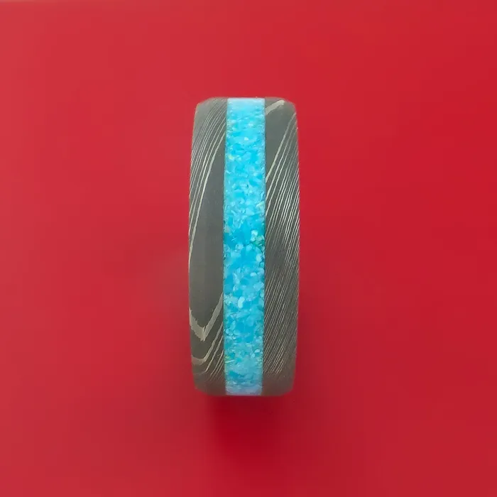 Lashbrook Rings Damascus Steel Ring with Turquoise Inlay Custom Made Band Lashbrook Rings Damascus Steel Ring with Turquoise Inlay Custom Made Band
