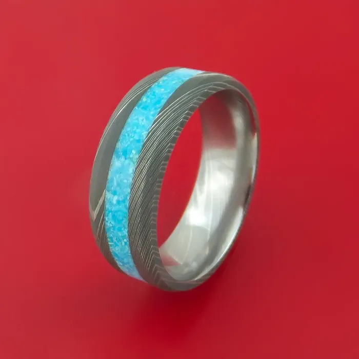 Lashbrook Rings Damascus Steel Ring with Turquoise Inlay Custom Made Band Lashbrook Rings Damascus Steel Ring with Turquoise Inlay Custom Made Band