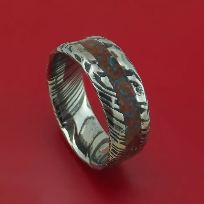 Lashbrook Rings Kuro Damascus Steel And Red Dinosaur Bone with Turquoise Rock Hammered Ring Custom Made Fossil Band