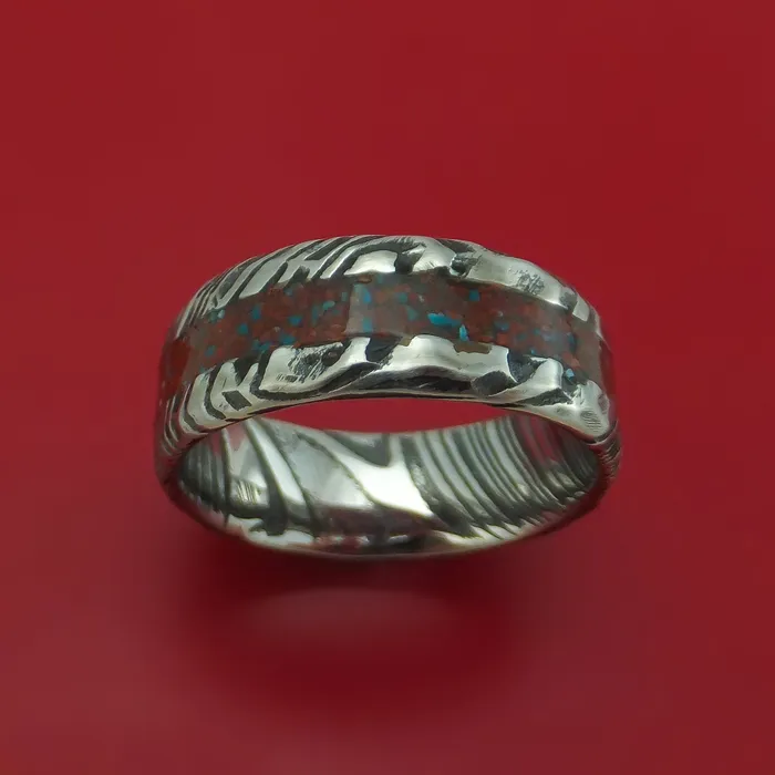Lashbrook Rings Kuro Damascus Steel And Red Dinosaur Bone with Turquoise Rock Hammered Ring Custom Made Fossil Band