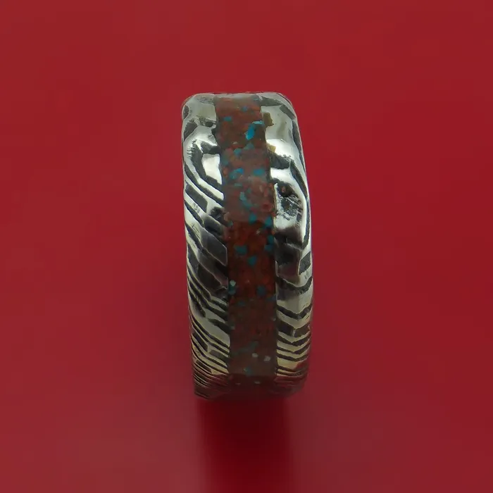 Lashbrook Rings Kuro Damascus Steel And Red Dinosaur Bone with Turquoise Rock Hammered Ring Custom Made Fossil Band