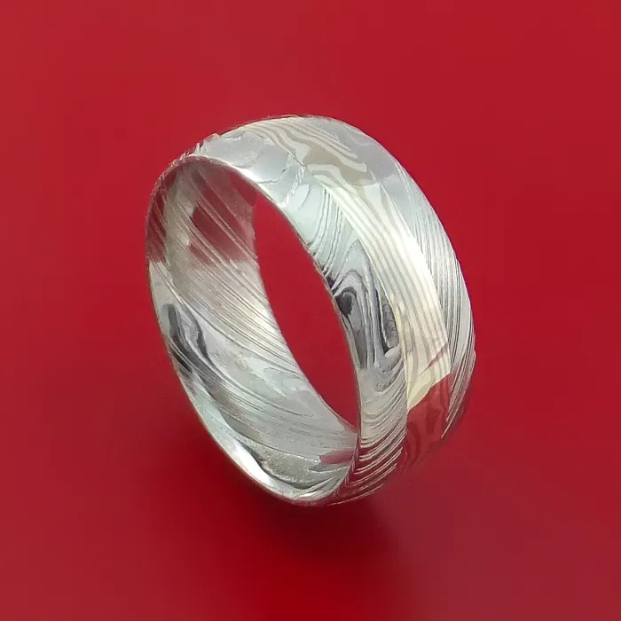Lashbrook Rings Kuro Damascus Steel Ring with Palladium and Sterling Silver Mokume Gane Inlay Custom Made Band